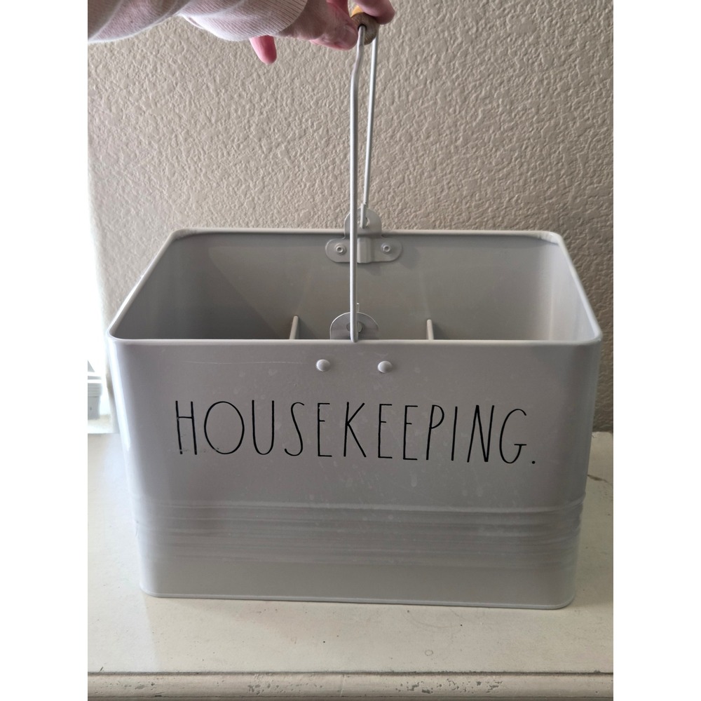 Rae Dunn Housekeeping Metal Cleaning Caddy White Farmhouse Organizer with Handle - Picture 10 of 10